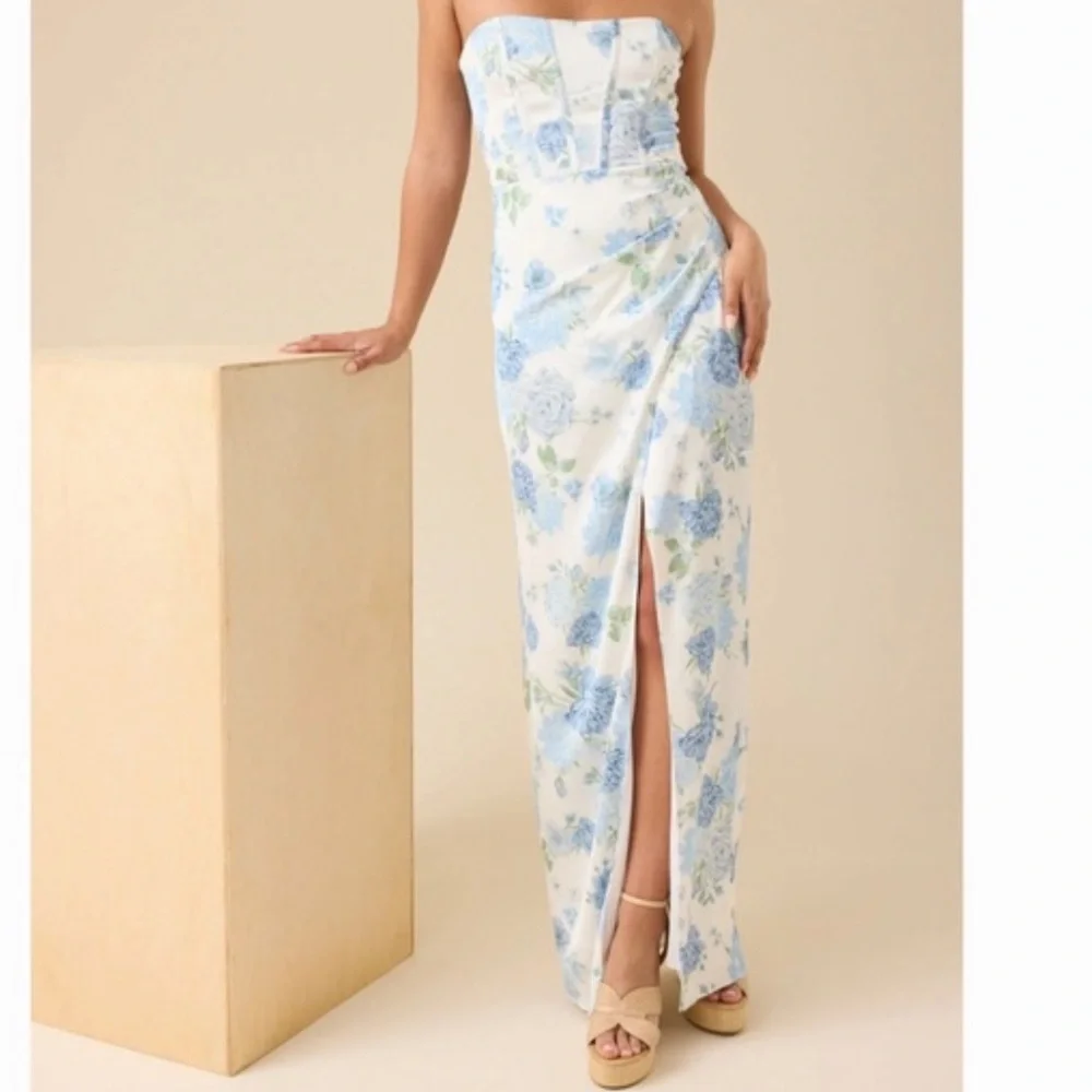 Altar'd State Blue Floral Strapless Dress - Picture 1 of 5